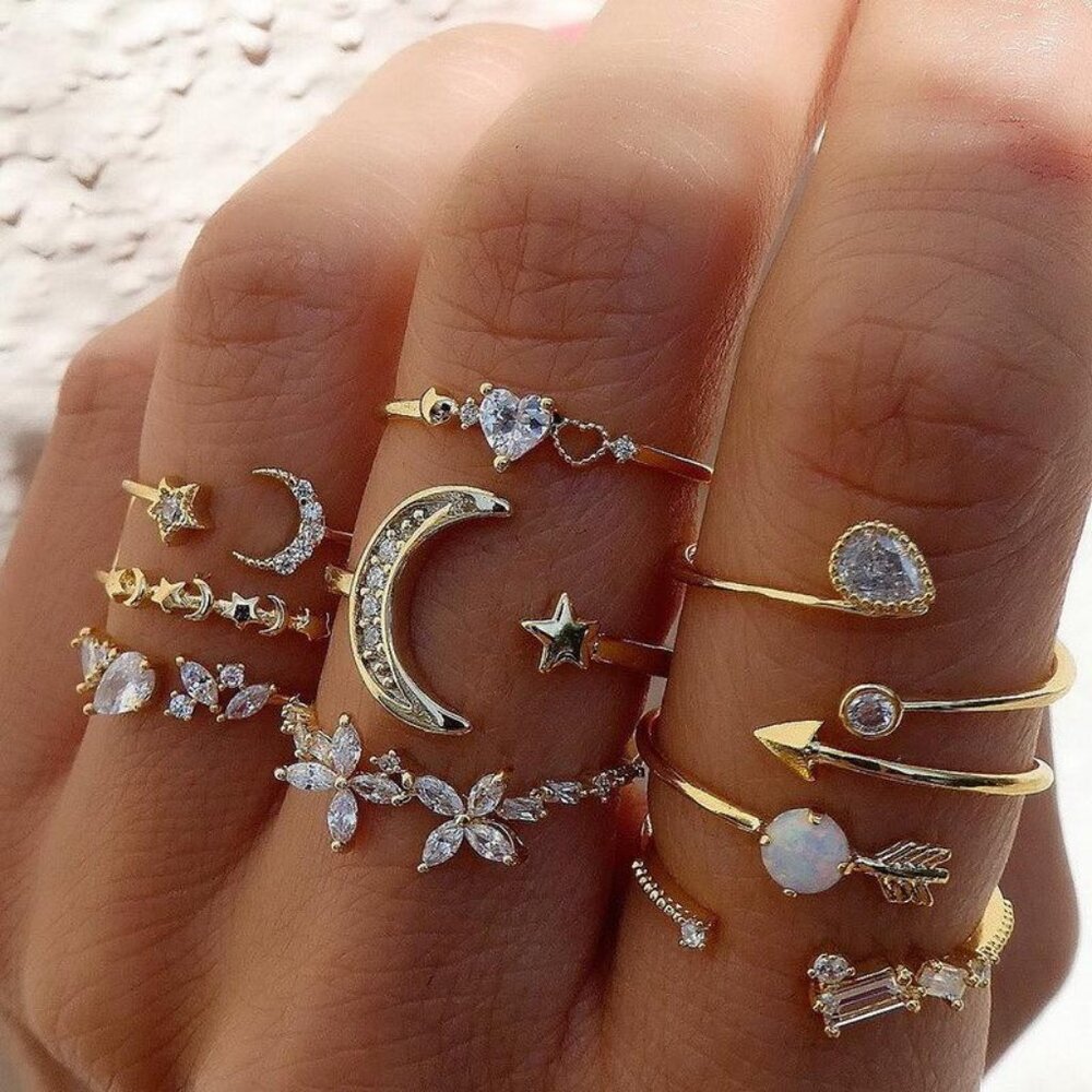 Set of 9 Platinum Plated Alloy Butterfly Rings Set Gold Tone Trendy